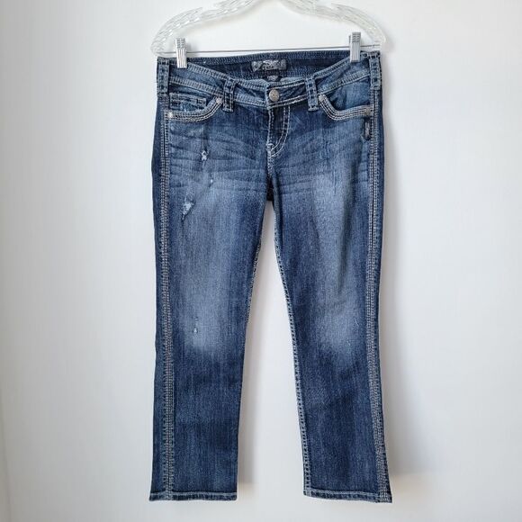 Silver JEANS Co. Distressed Twisted Capri Low Rise Medium Wash Denim Size 28 - Picture 3 of 11